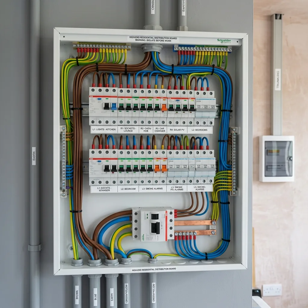 Profesjonalna rozdzielnica elektryczna z bezpiecznikami i ułożeniem kabli